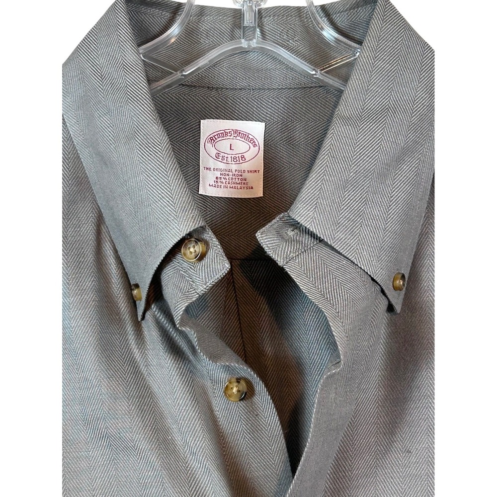 Brooks Brothers Mens Gray Herringbone Cotton Cashmere Non-Iron Shirt •L• Classic